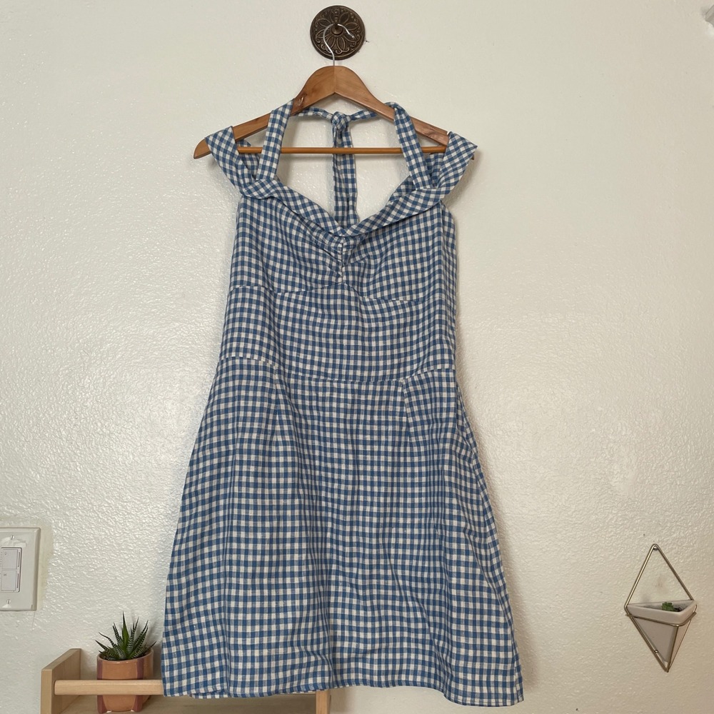 Reformation Blue Gingham Linen Mini Dress Halter Smocked Back 12